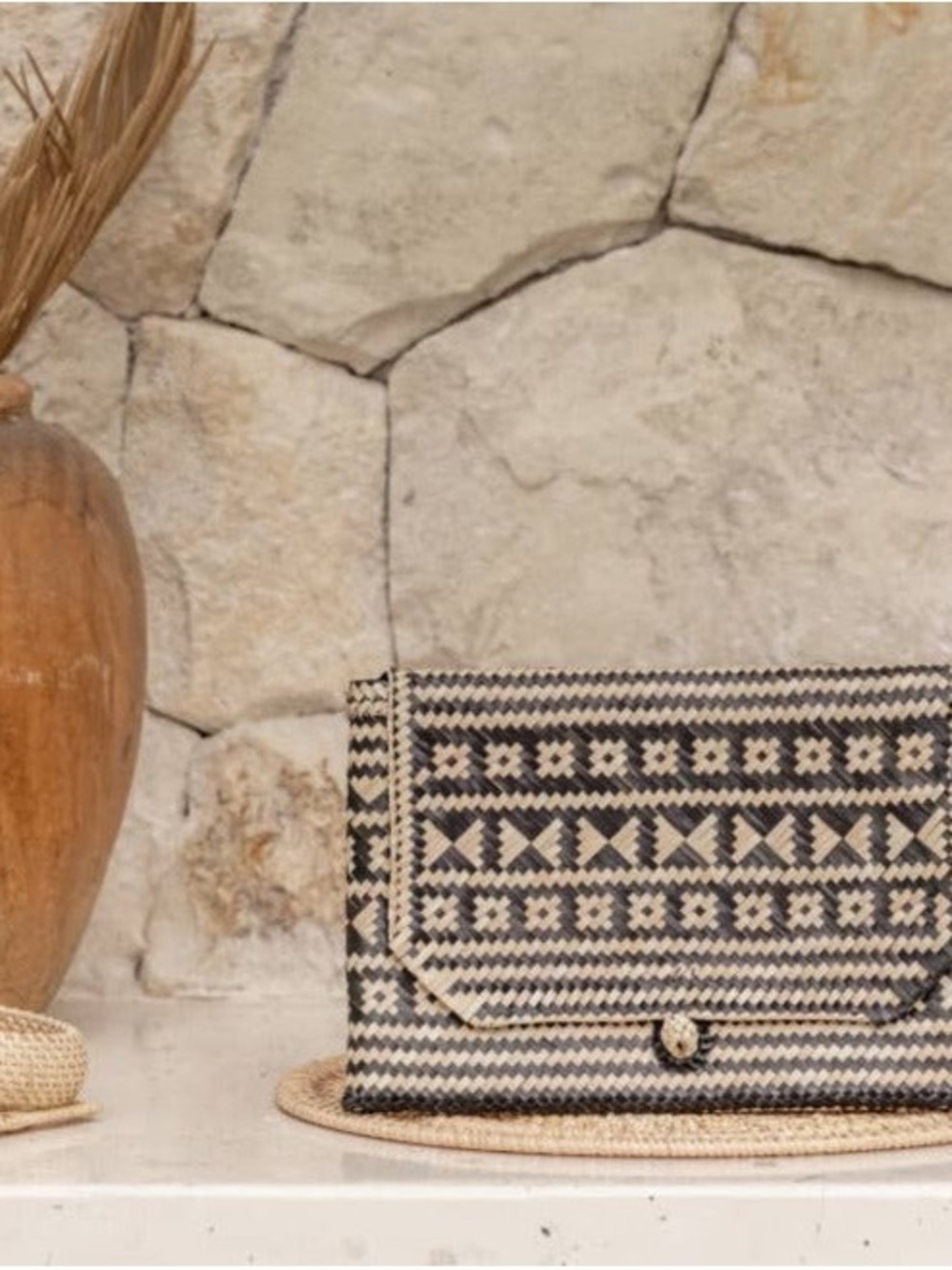 Woven Black & Natural Clutch Bag - Stylish Handheld Envelope